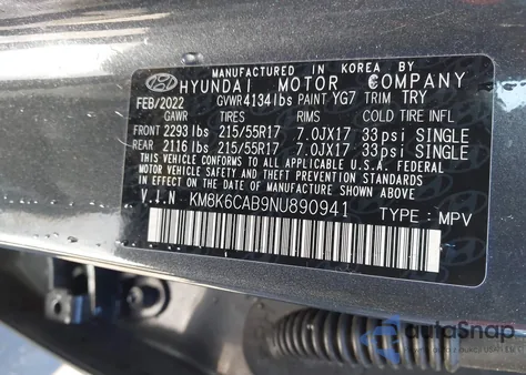 2022 Hyundai Kona Sel z USA, uszkodzony, nr VIN KM8K6CAB9NU890941